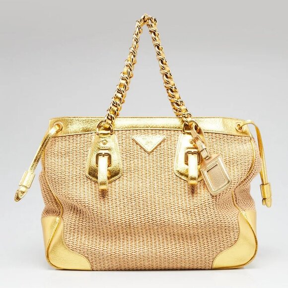 Prada Gold Leather and Straw Medium Shopping Tote Bag BR3690 - Picture 1 of 12